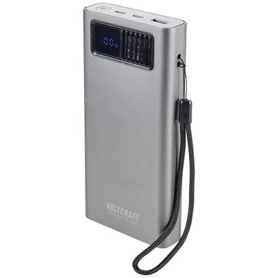 A silver power bank with a digital display showing 100%, featuring a USB port and a black carrying loop on the side.