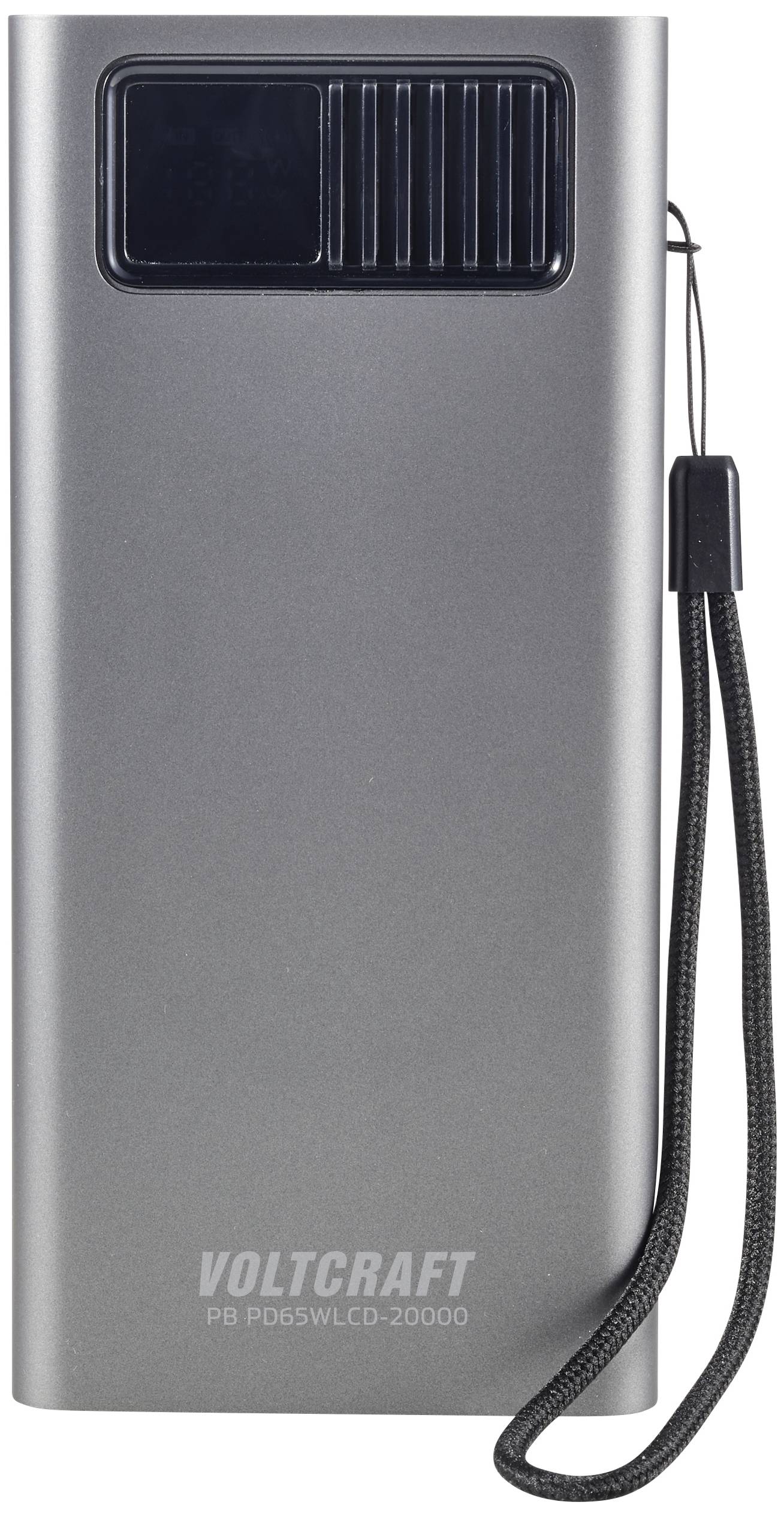 Grey portable power bank with a black display and carry loop, with the brand name 'Voltcraft' printed at the bottom.