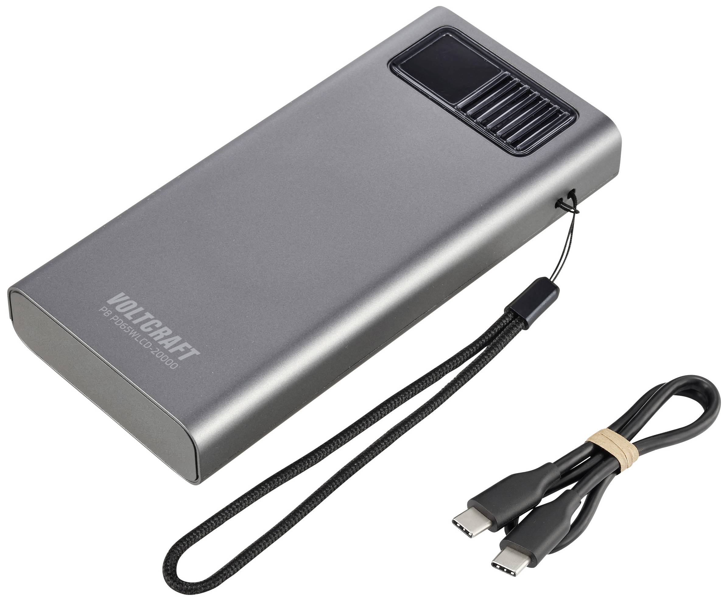 A grey Voltcraft power bank with a loop and a black USB-C cable.