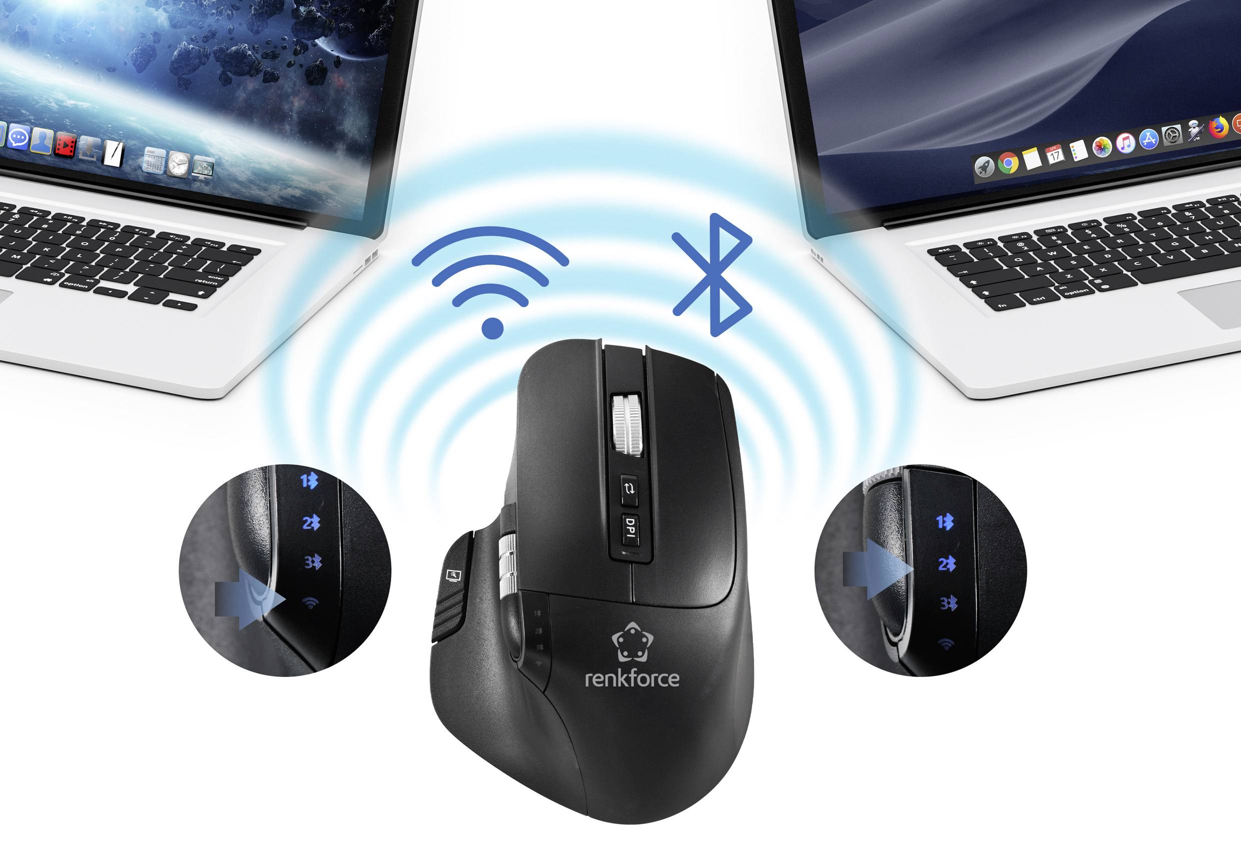 'Wireless black mouse simultaneously connects to two laptops via Bluetooth and Wi-Fi signals.'