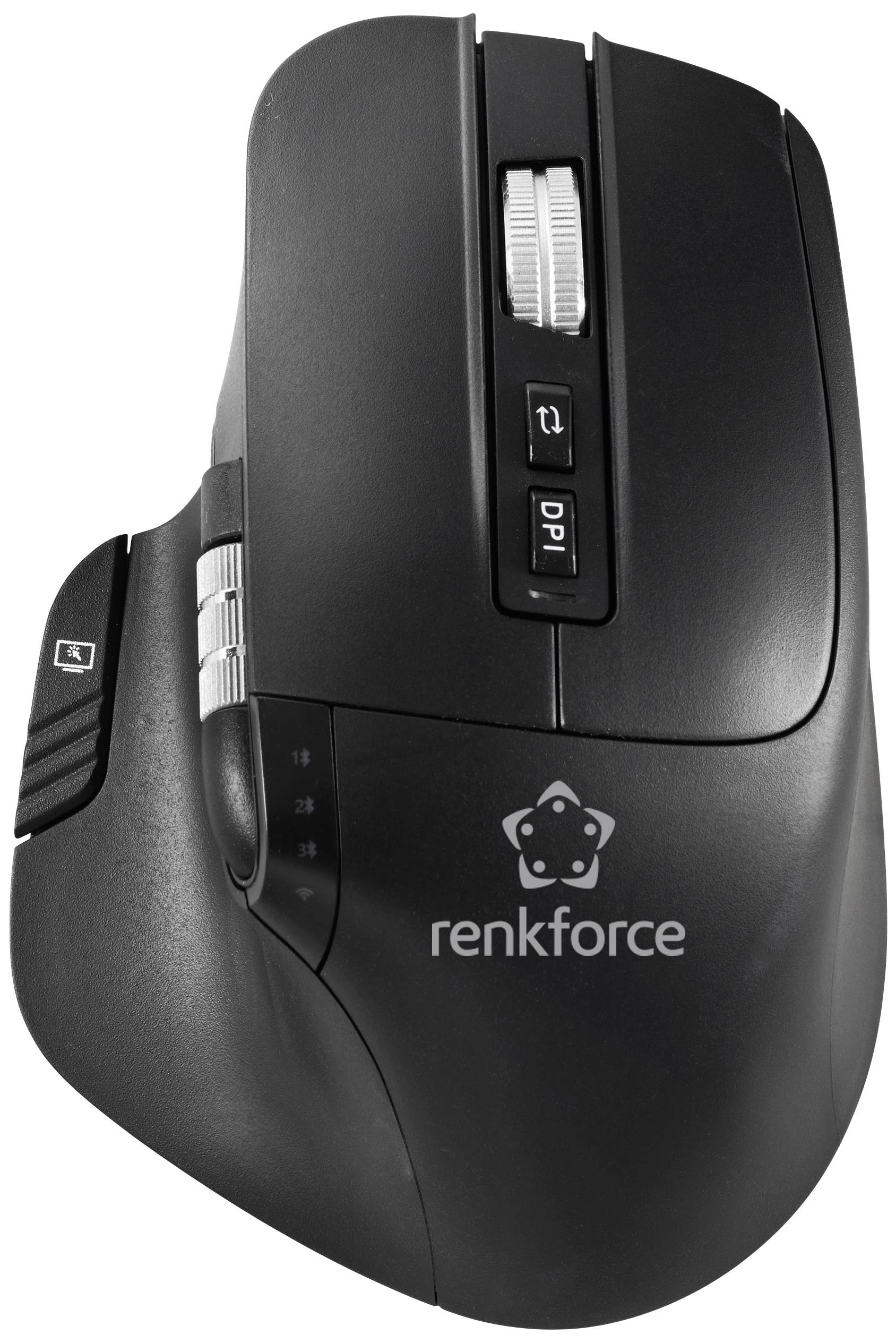 Wireless black computer mouse with multiple buttons, a scroll wheel, and the 'renkforce' logo.