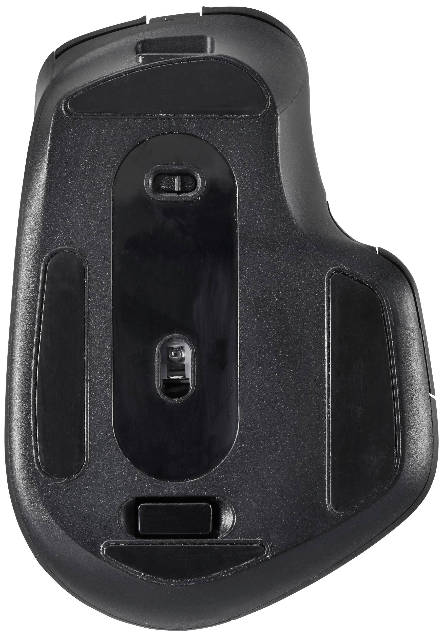 Underside of an ergonomic, wireless computer mouse with two visible buttons and a central sensor.