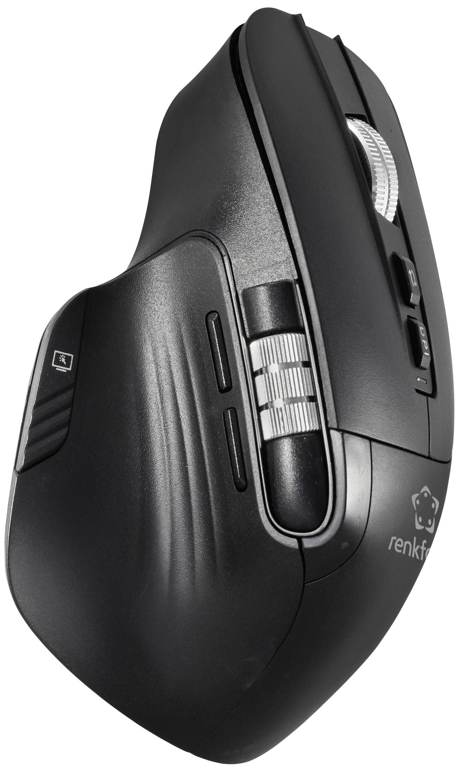 Black ergonomic wireless computer mouse with multiple buttons and scroll wheel, designed for comfortable handling and efficient operation.