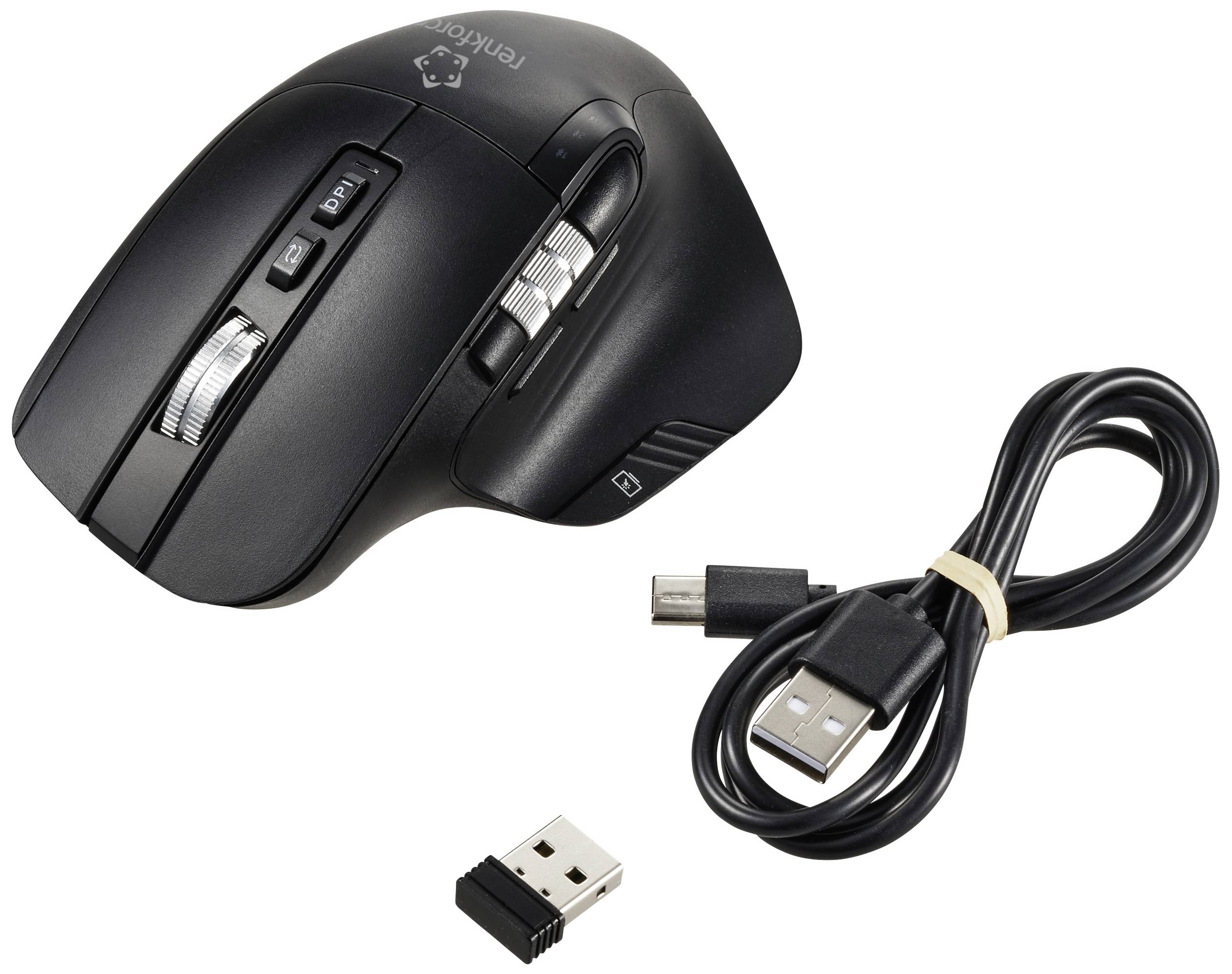 Wireless black computer mouse with USB receiver and charging cable. Buttons and scroll wheel visible. Perfect for flexible working.
