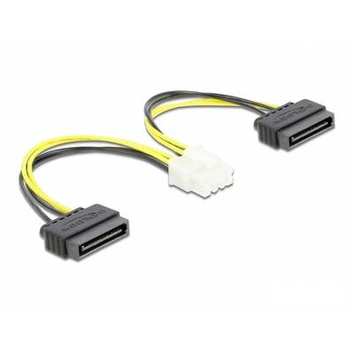 'Power adapter cable with two SATA power connectors and a 4-pin Molex plug. Yellow and black coloured cables.'