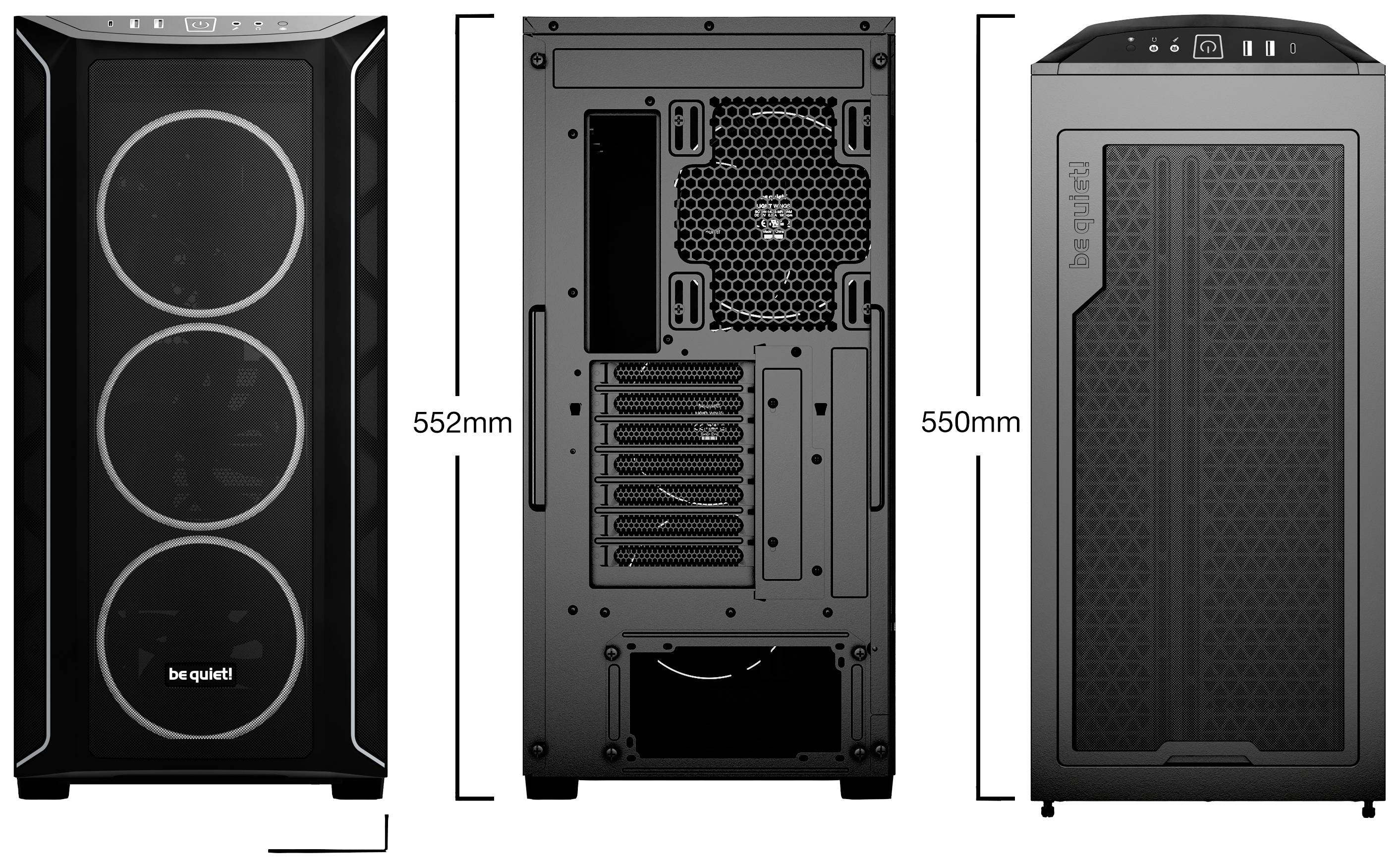 'Be quiet!' PC Case from Three Perspectives: Front with Three Large Fans, Rear with Multiple Expansion Slots, Side Height Marked.
