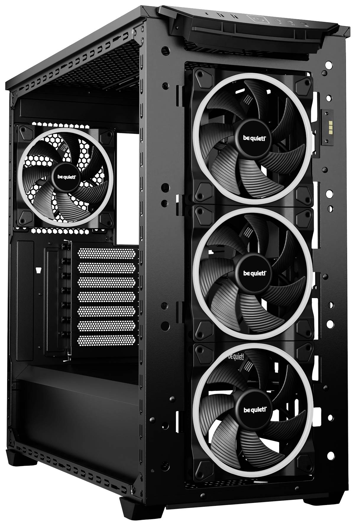 Black computer case with four built-in fans, three at the front and one at the back. The brand name 'be quiet!' visible on the fans.
