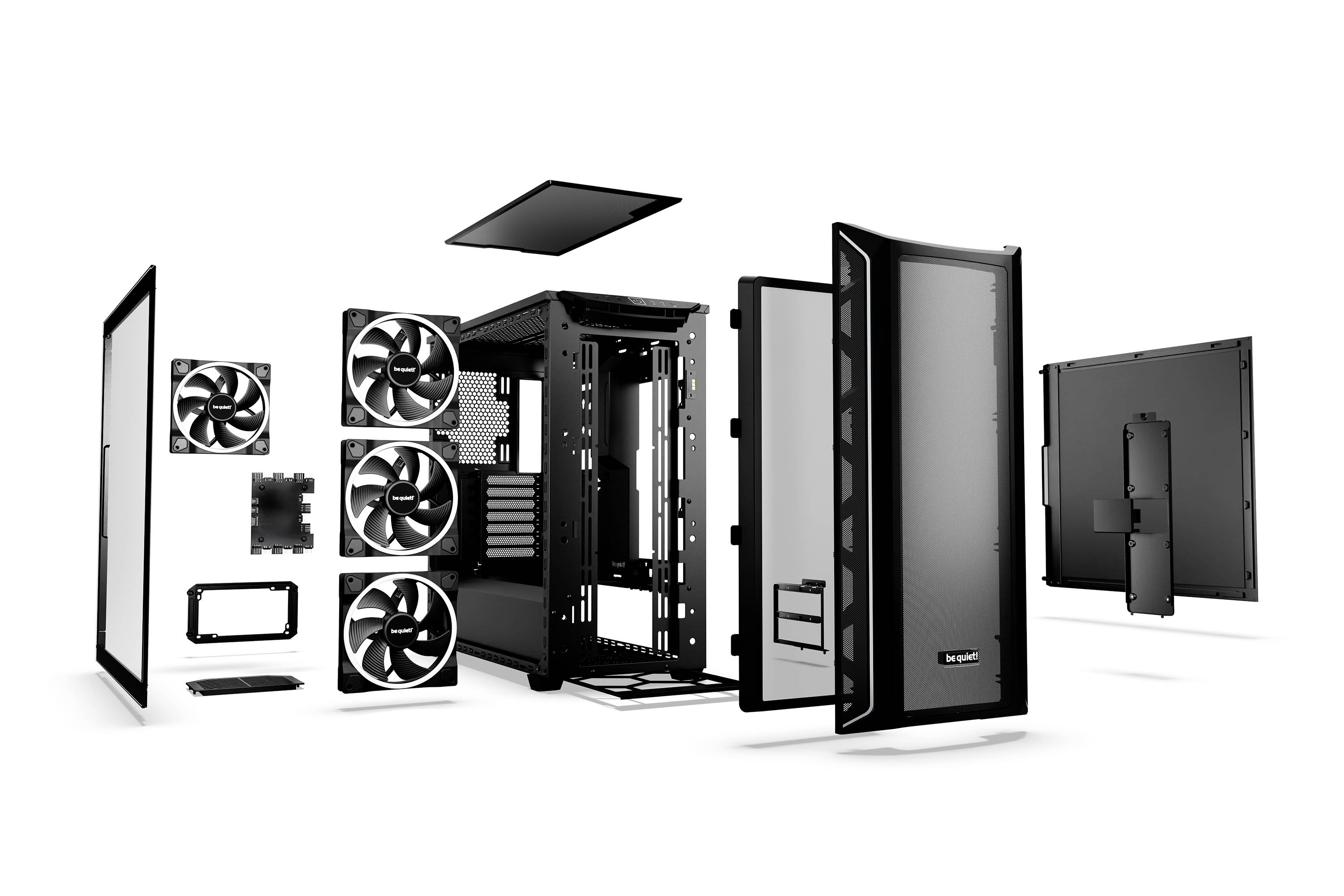 Disassembled computer case showing separate components such as fans, side panels, and frame, illustrating construction and design.
