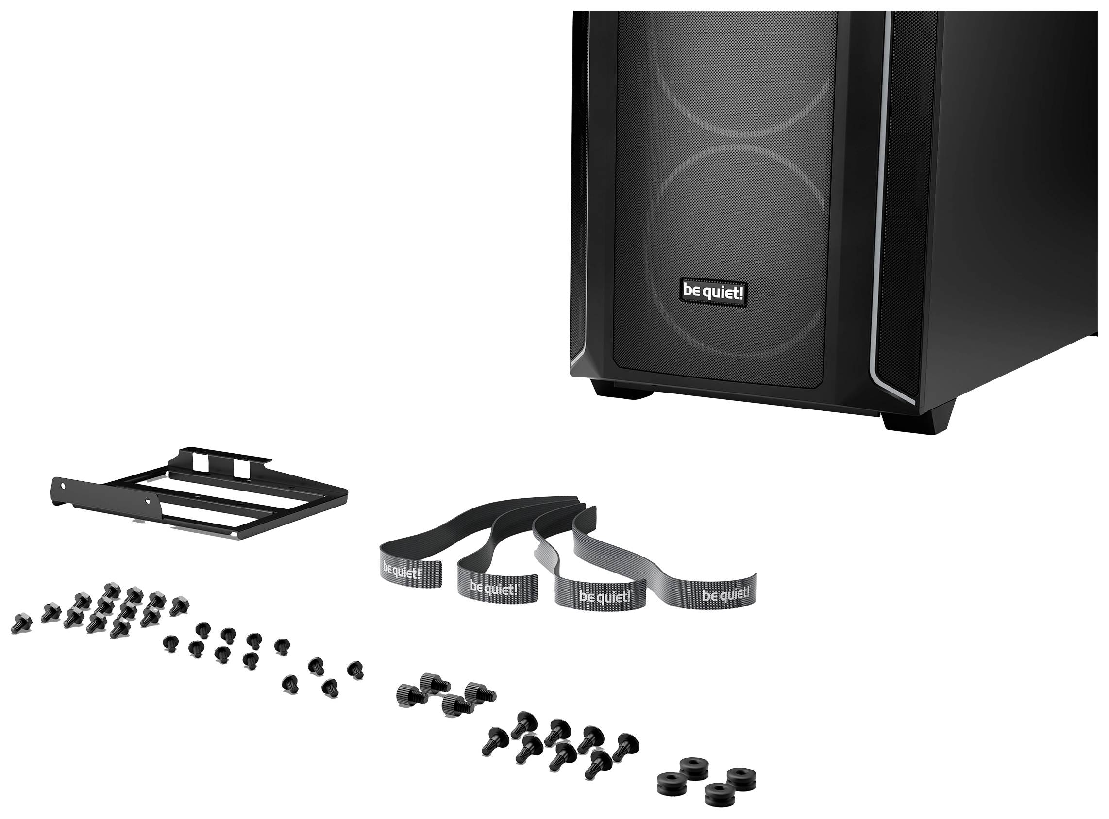Computer case with the 'be quiet!' logo, alongside screws, cable ties and a mounting bracket as installation accessories.