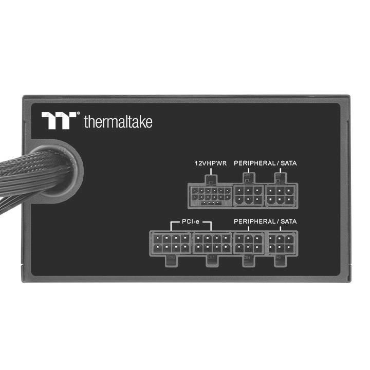 'Black power supply module with multiple labelled connection sockets: 12VHPWR, PERIPHERAL/SATA, PCI-e. Marked with "Thermaltake" logo.'
