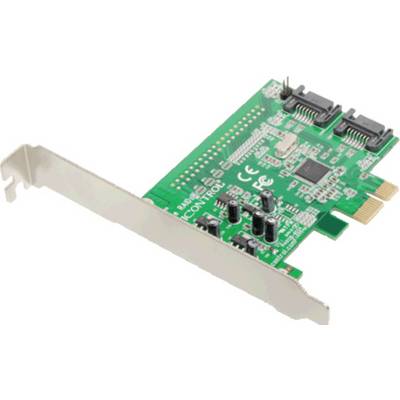 A green PCI Express card with multiple electronic components, connection sockets, and a metal mounting bracket.
