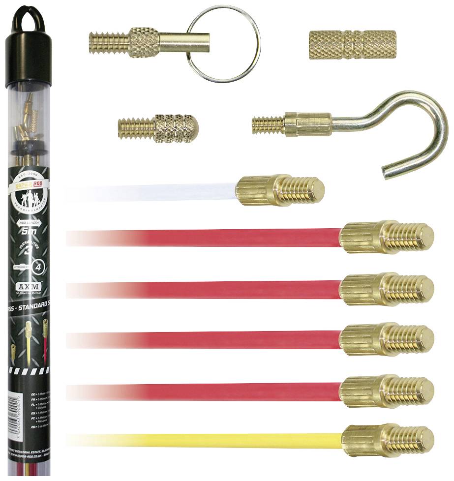 Multicoloured telescopic rods with metal attachments for installation or removal, packaged in a transparent tube.