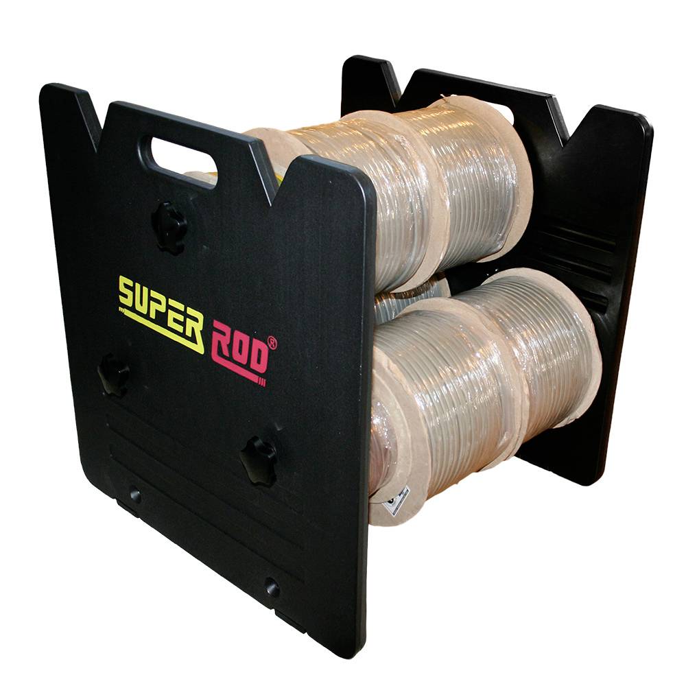 A black cable holder with two compartments, each filled with transparent cable reels. 'SUPER ROD' printed in yellow and red.