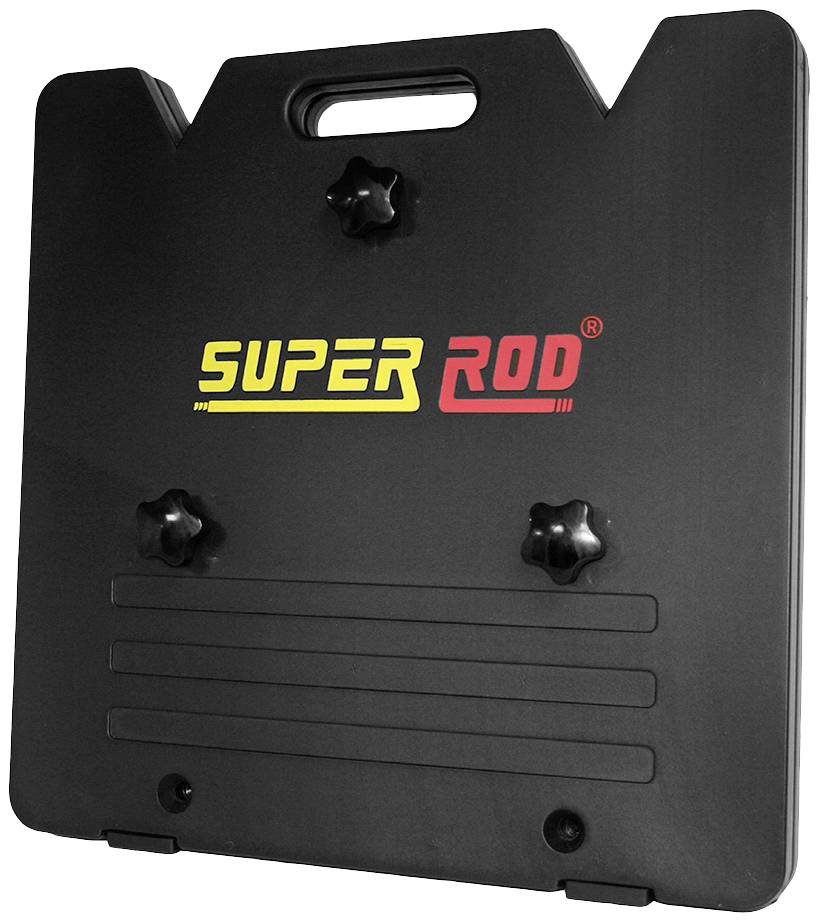 Black carrier plate with handle, printed with 'SUPER ROD'. Used for organising or storing cable tools.