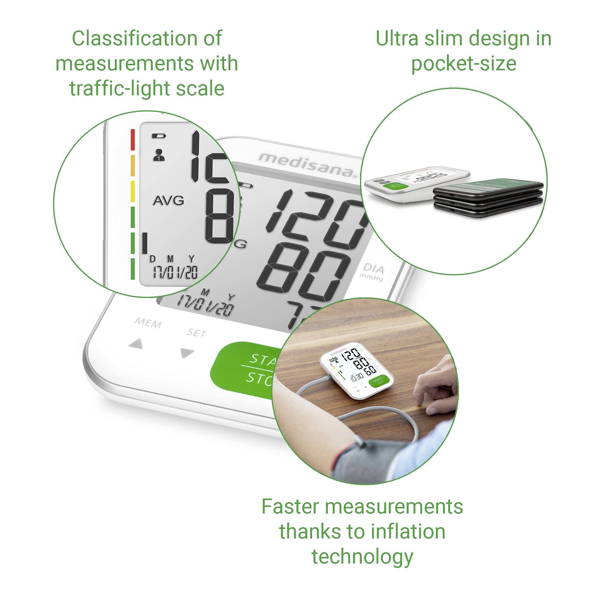 Medical blood pressure monitor with traffic light scale for classification, ultra-slim design, and rapid measurement thanks to inflation technology.