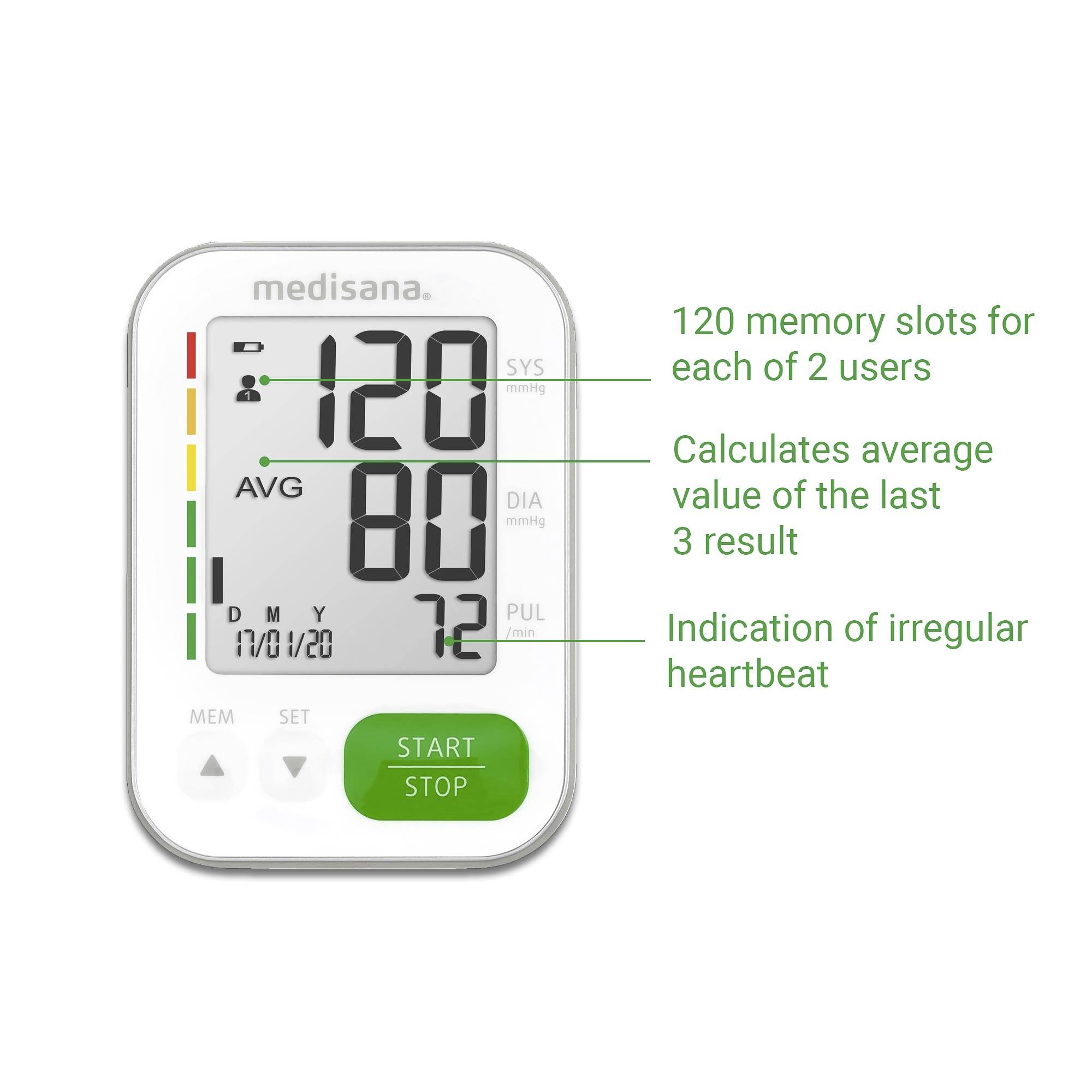 Digital blood pressure monitor shows: Systolic 120, diastolic 80, pulse 72. Display indicates irregular heartbeats, memory function.