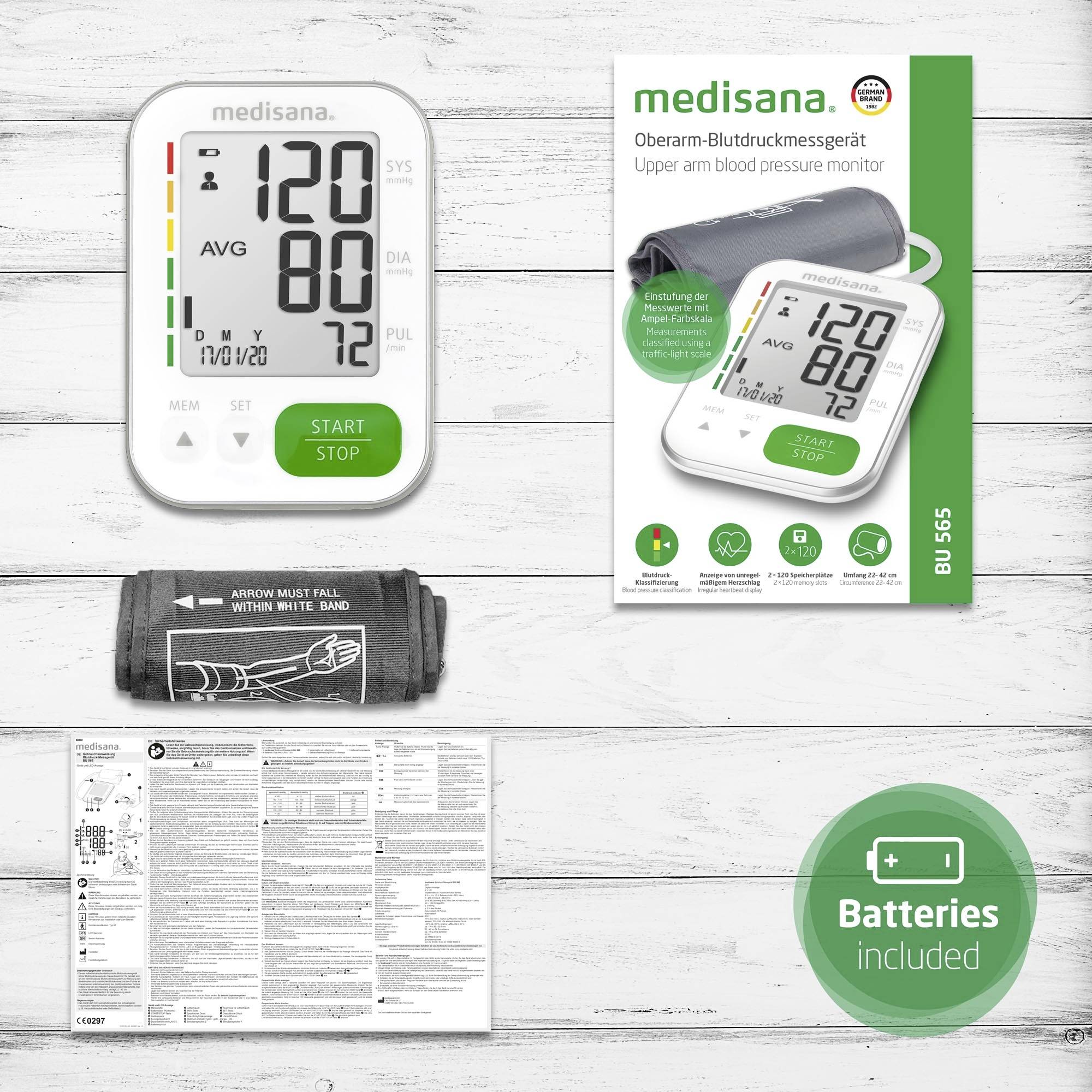 A blood pressure monitor with a digital display shows measurement values. This includes the measurement instructions, an arm cuff, and the packaging image.