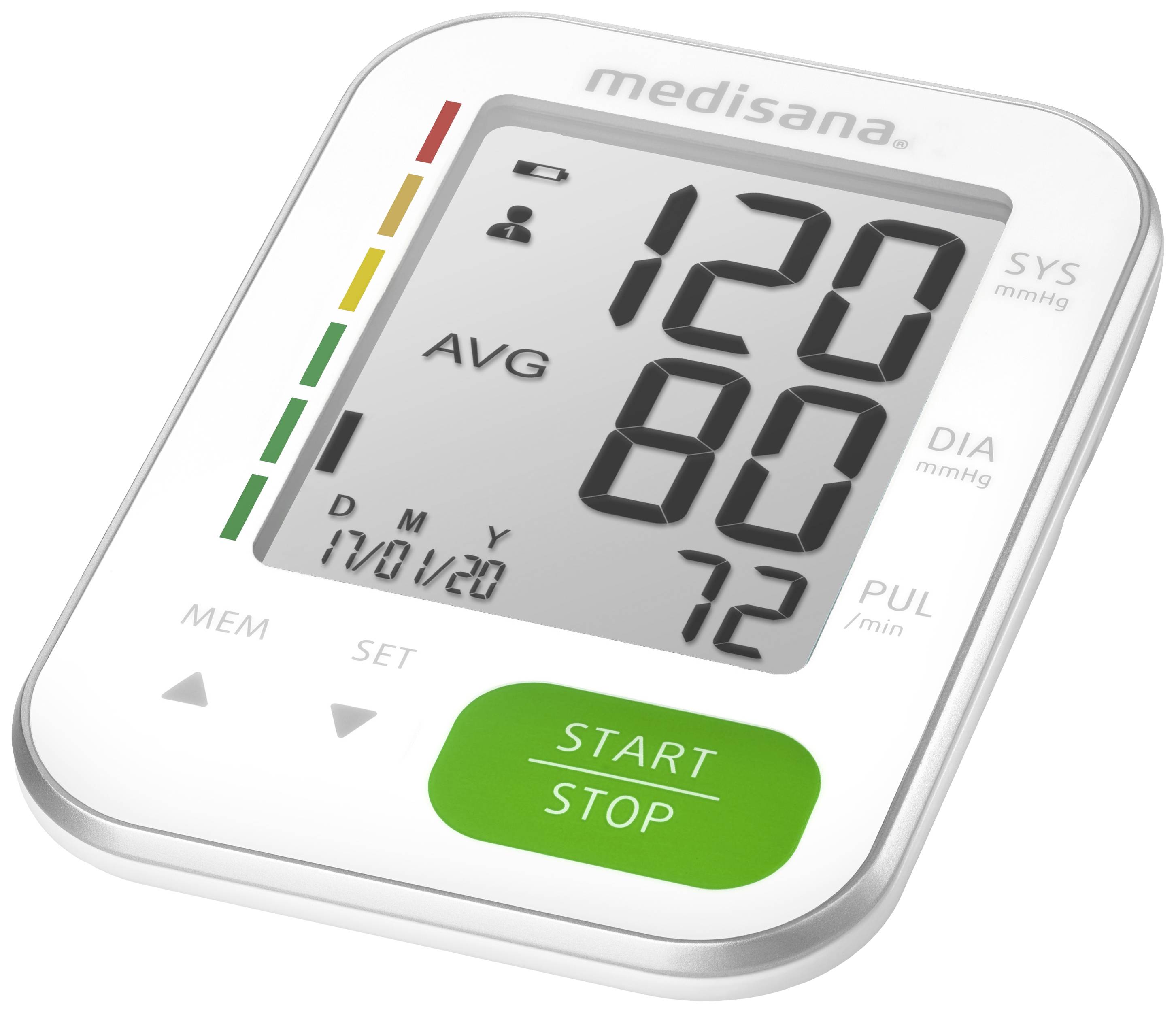 Electronic blood pressure monitor showing reading 120/80, pulse 72; displays date 17/01/2020. 'Start/Stop' and Save buttons.