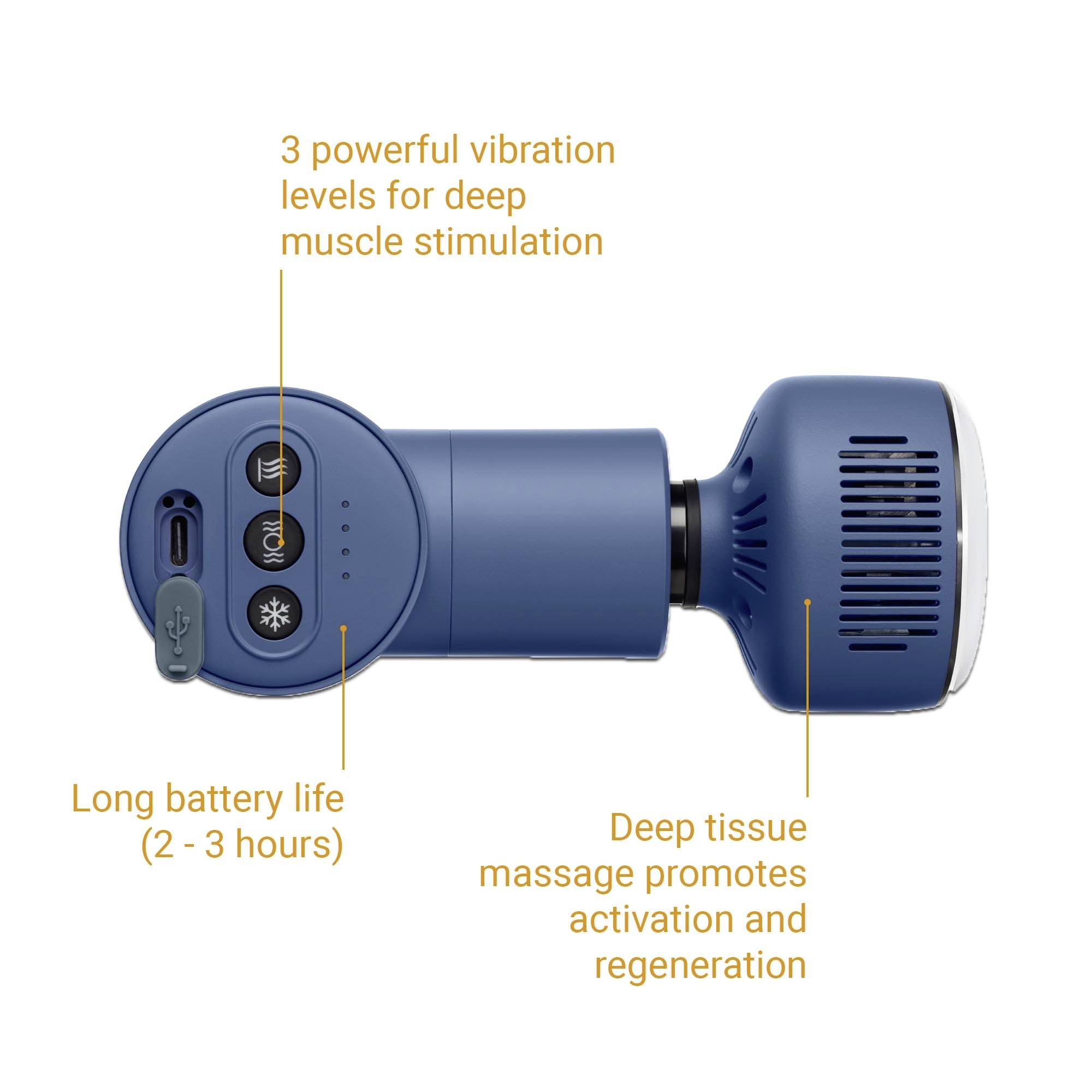 A blue massage device with three vibration levels, long battery life (2–3 hours) and deep tissue massage function.