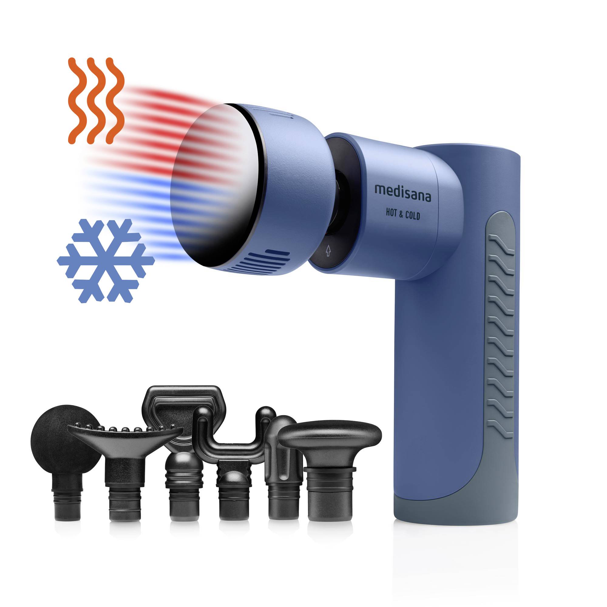 Hand massage device in Blue with six interchangeable attachments. Shows 'Hot & Cold' functions with heat and cold symbols.