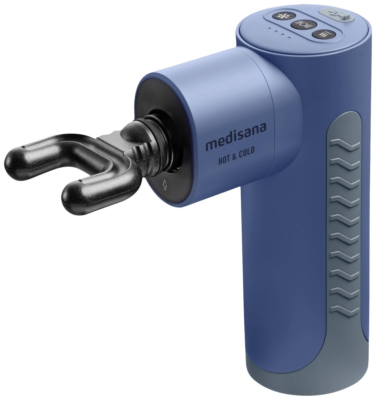 A blue massage device by Medisana with 'HOT & COLD' function, showing three buttons on top for settings and a U-shaped attachment.