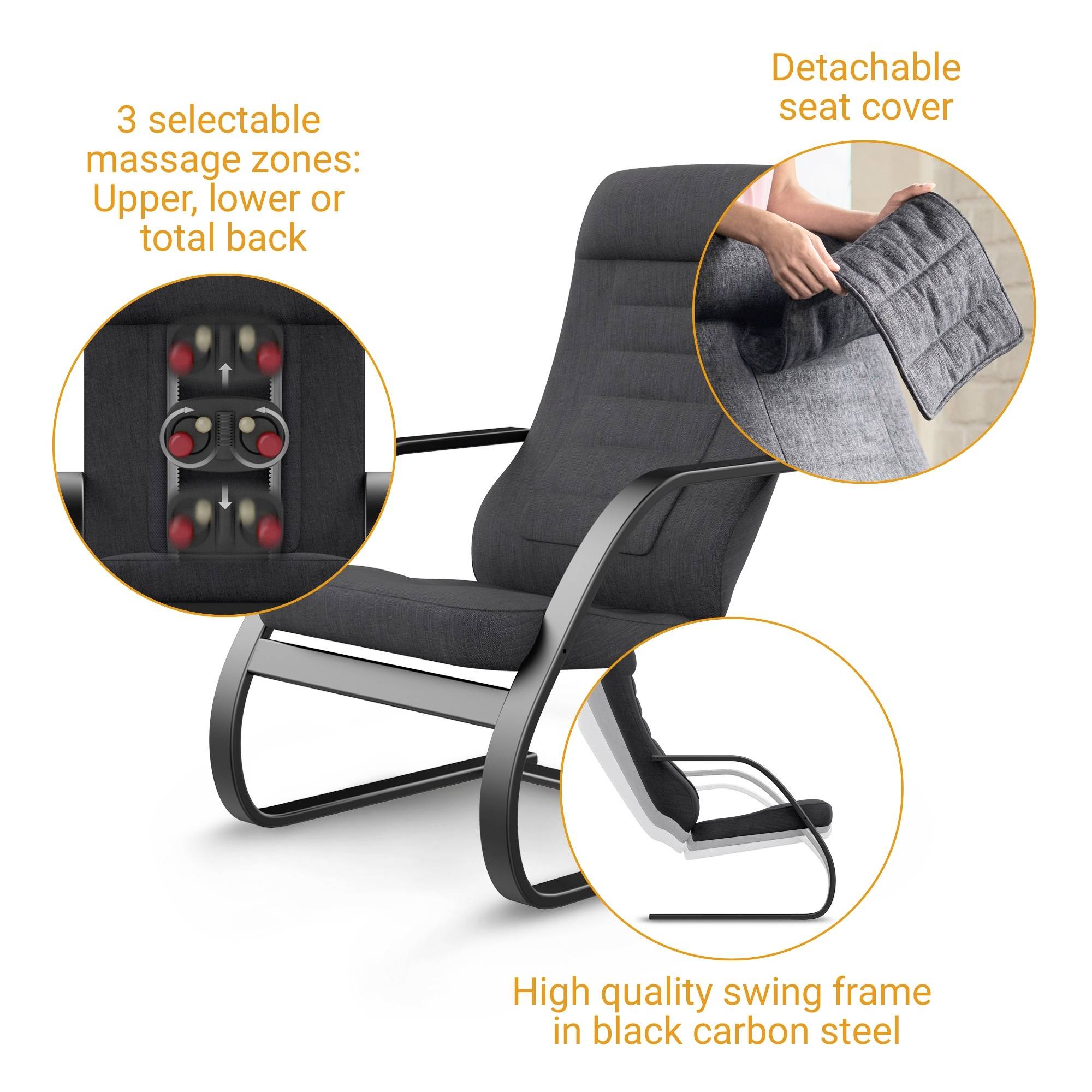 Black rocking chair made of carbon steel with removable seat cover. Three massage zones selectable: upper back, lower back, full.