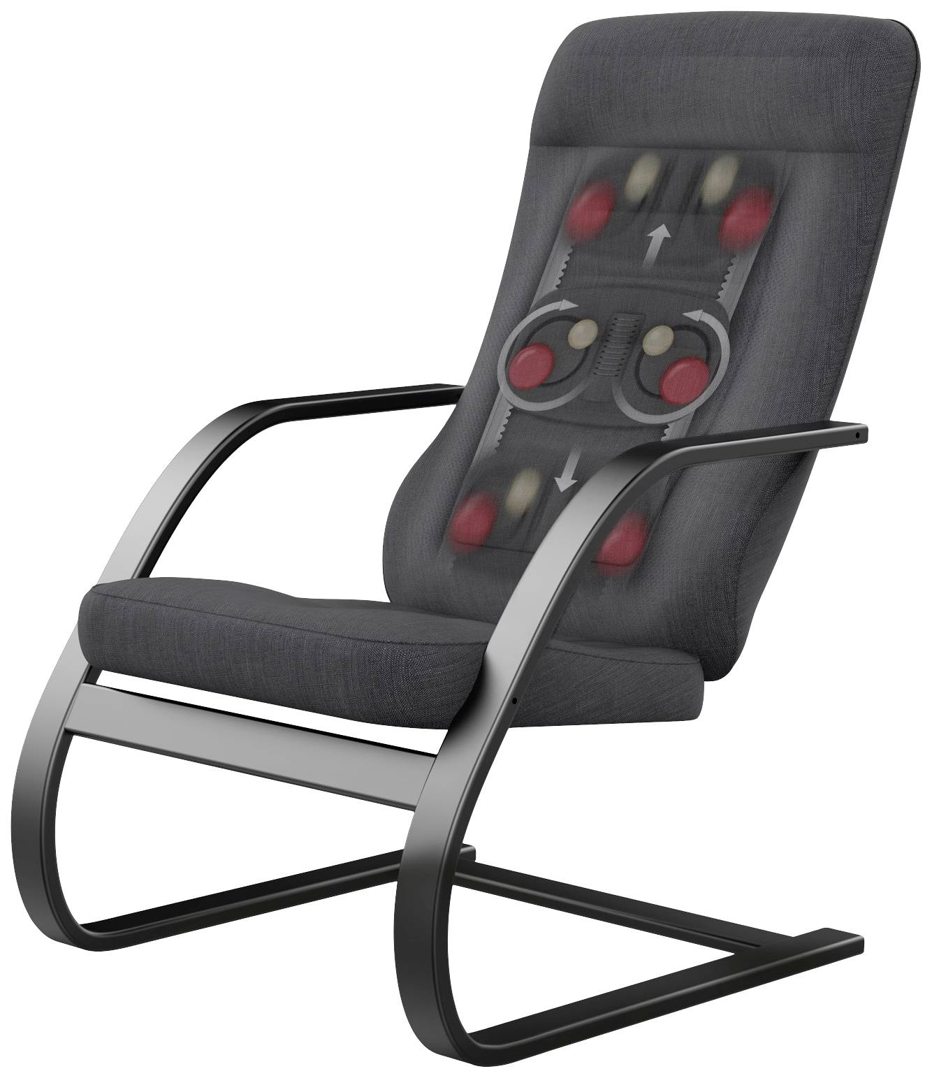 Black massage chair with visible massage functions showing the rolling movement directions. Modern, stylish frame.