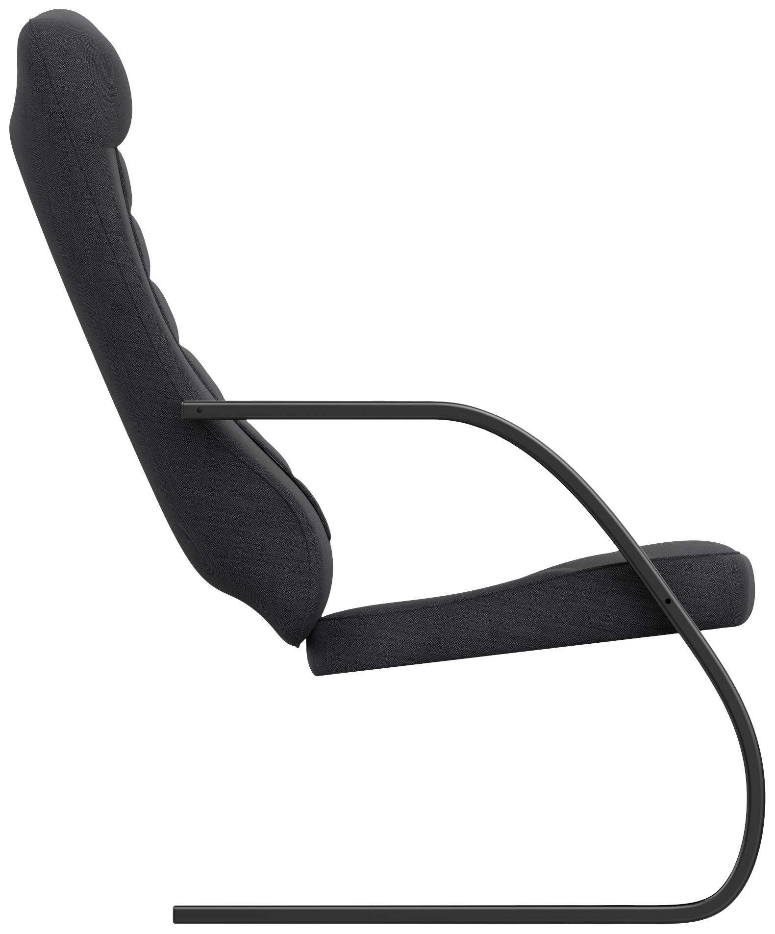A modern, black chair with a curved metal frame and padded seat and backrest, shown from the side.