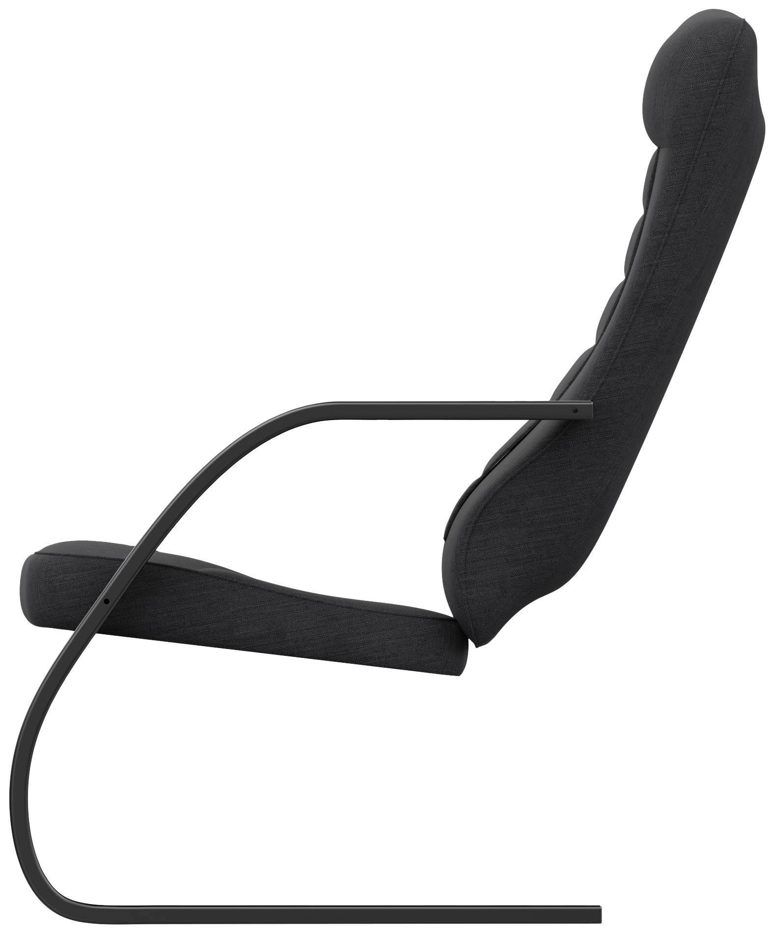 A side profile of a modern, black chair with a curved metal frame and upholstered seat.