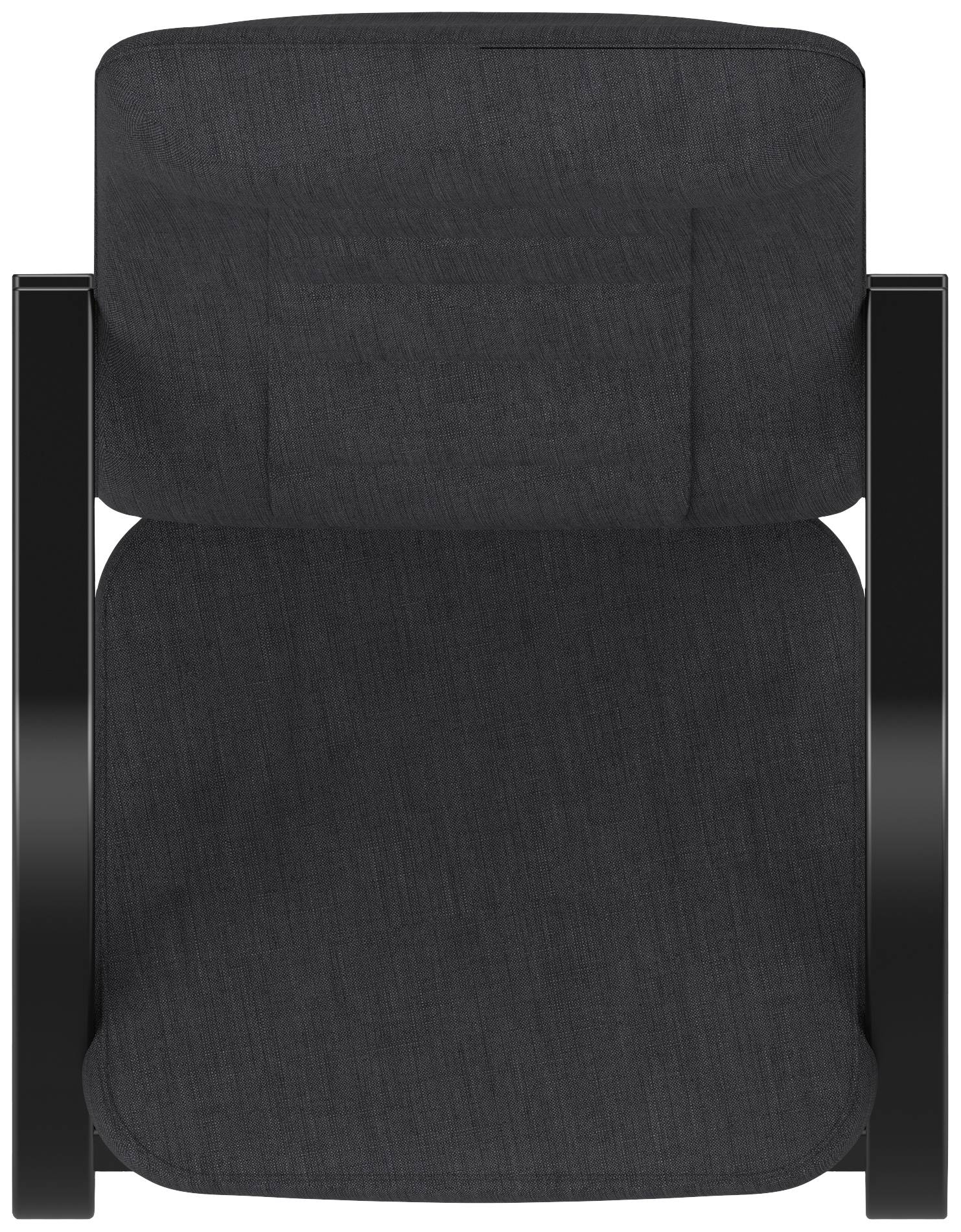 Modern black office chair viewed from above with metal armrests. Minimalist design for contemporary work environments.