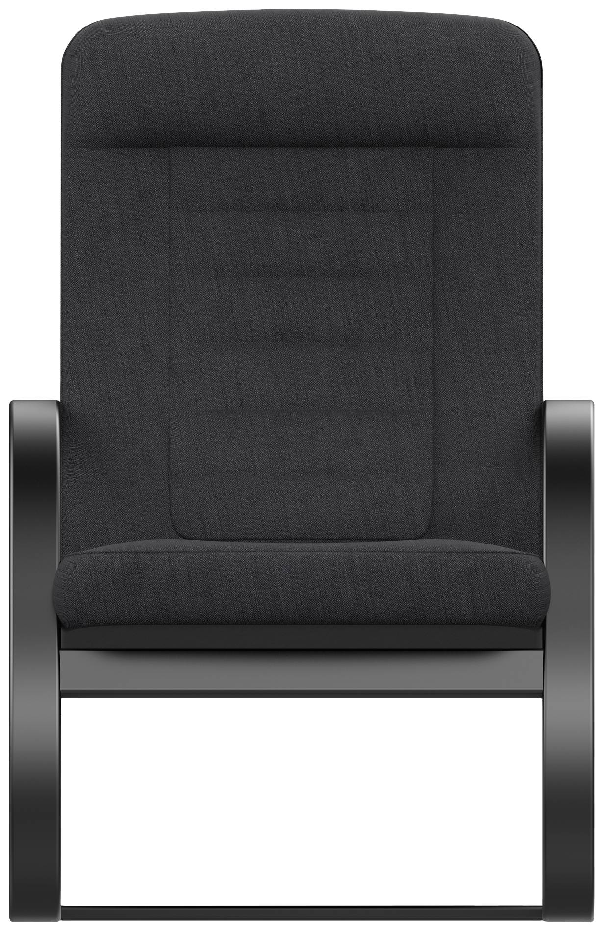 Modern black rocking chair with curved armrests and padded seat, viewed from the front.