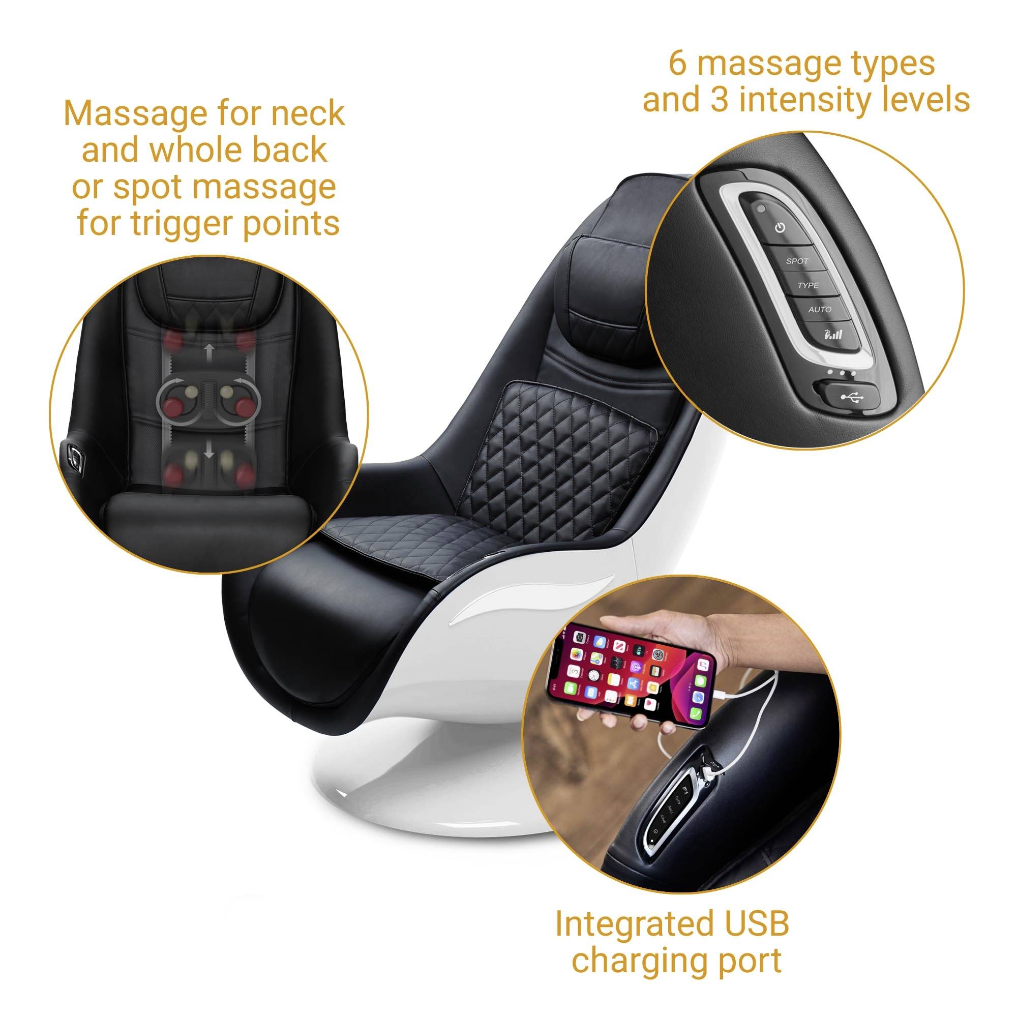 Massage Chair with Functions: Neck and Back Massages, 6 Types, 3 Intensity Levels, USB Charging Port. Control Panel Visible.