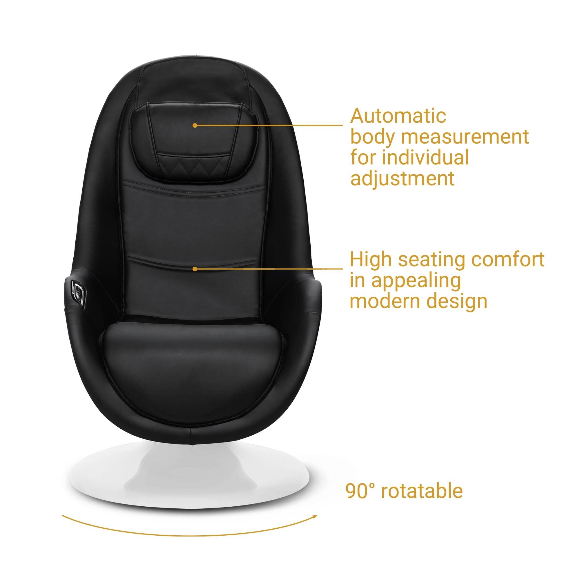 A modern black chair with automatic body measurement for individual adjustment, high seating comfort, and 90-degree swivel capability.