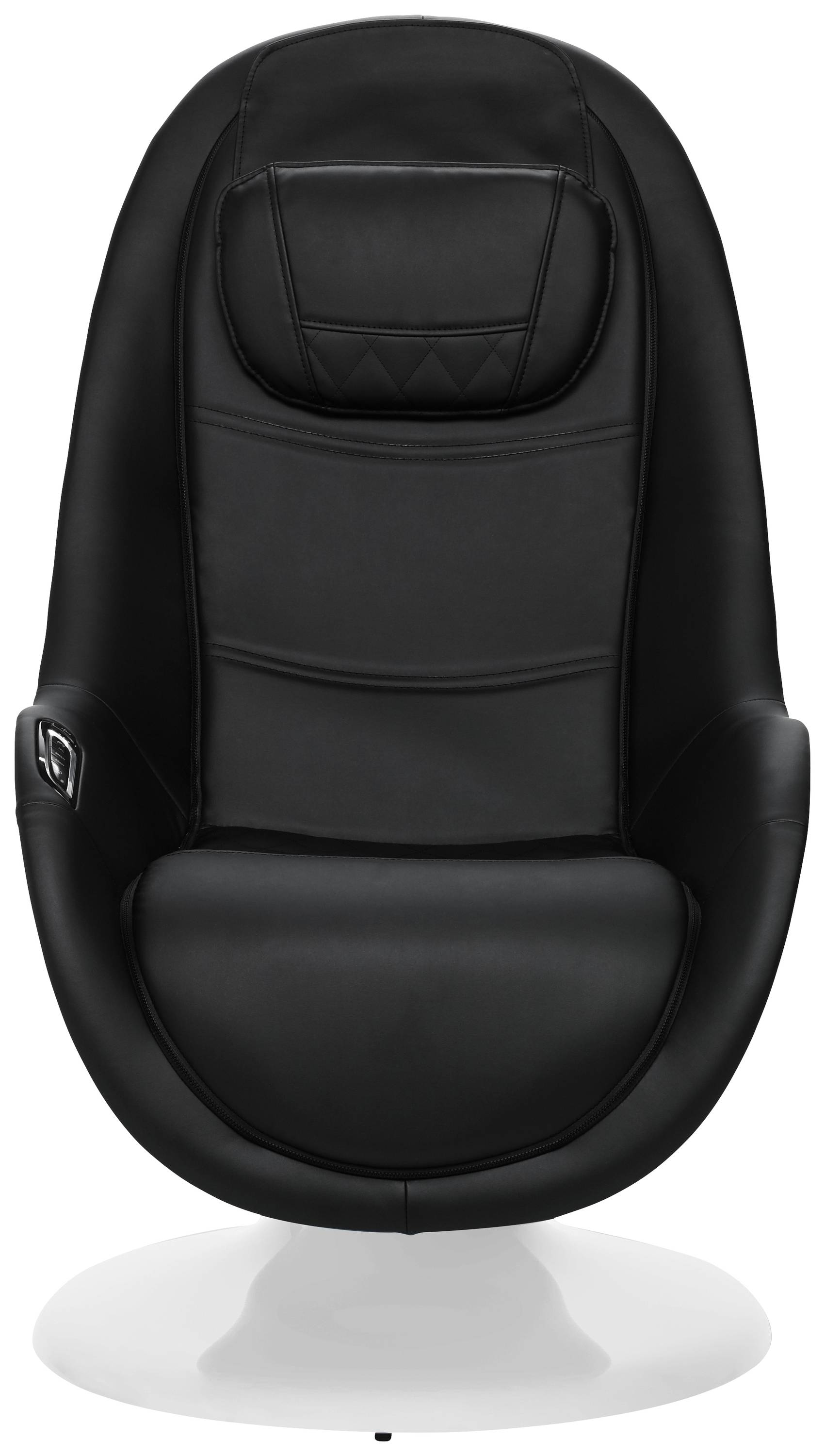 A black, leather-upholstered shell chair with a high backrest on a white base. Modern design, suitable for office or living spaces.