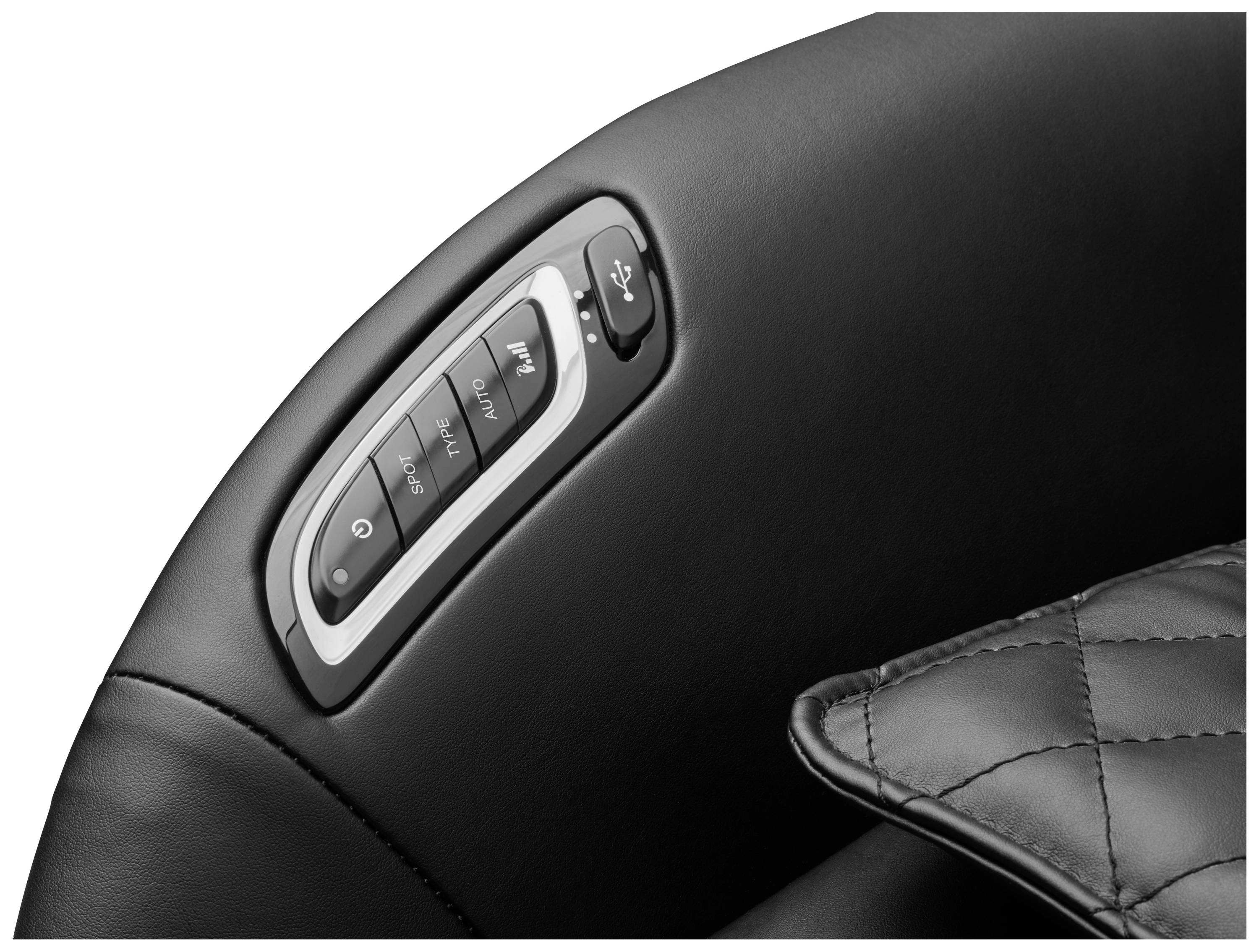 'Seat control on a black leather armchair armrest with buttons for inclination, massage and headrest.'