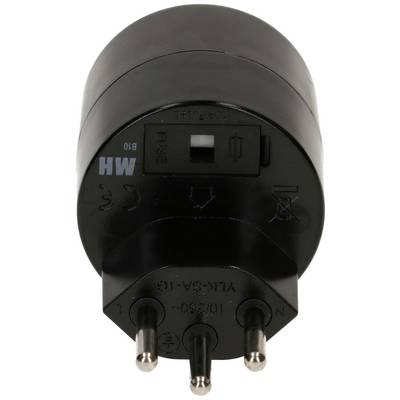 Black three-pin adaptor plug with switch, suitable for international power sockets.