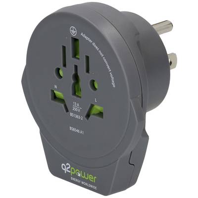 Travel plug adapter with three socket options, suitable for different countries. Labelled 'Adapter does not convert voltage'.