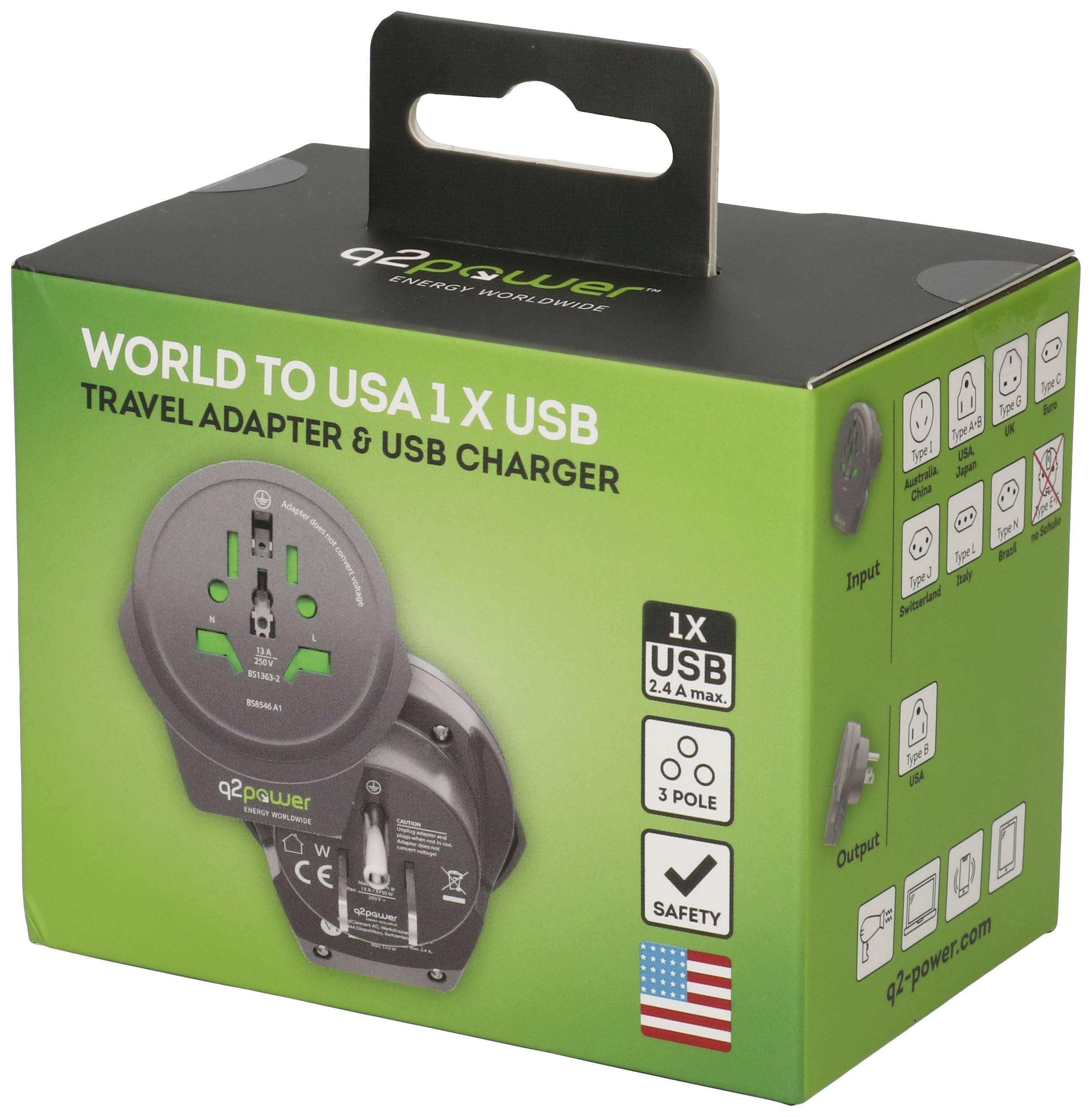 Travel plug adapter from World to USA with 1 USB port, suitable for 3-pin devices. Product packaging shows adapter illustration and technical details.
