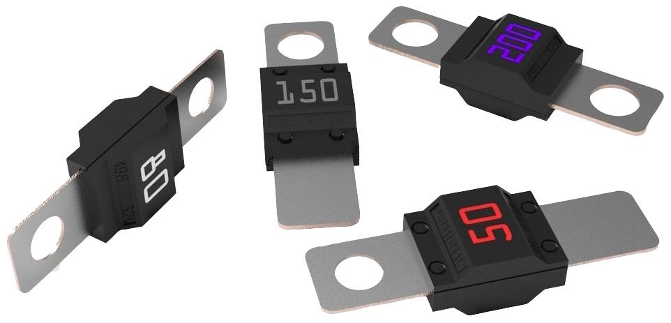 'Four black electric fuses with metal contacts; printed numbers indicate 80, 150, 50 and 200.'