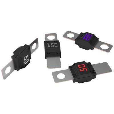 'Four black electric fuses with metal contacts; printed numbers indicate 80, 150, 50 and 200.'