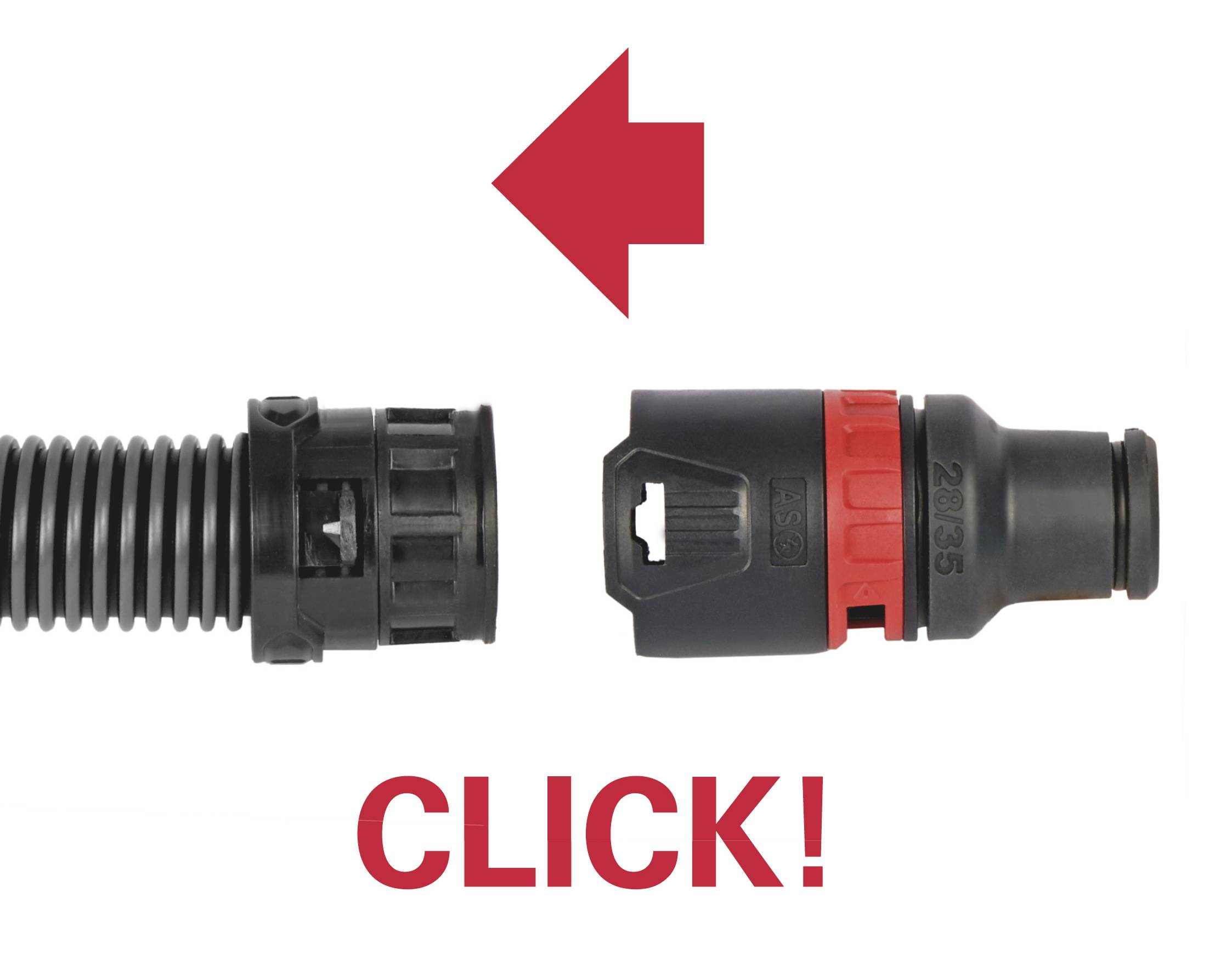 Two connectors, black on the left, black and red on the right, with an arrow indicating connection. Underneath, the text 'CLICK!' in red lettering.