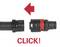 Two connectors, black on the left, black and red on the right, with an arrow indicating connection. Underneath, the text 'CLICK!' in red lettering.