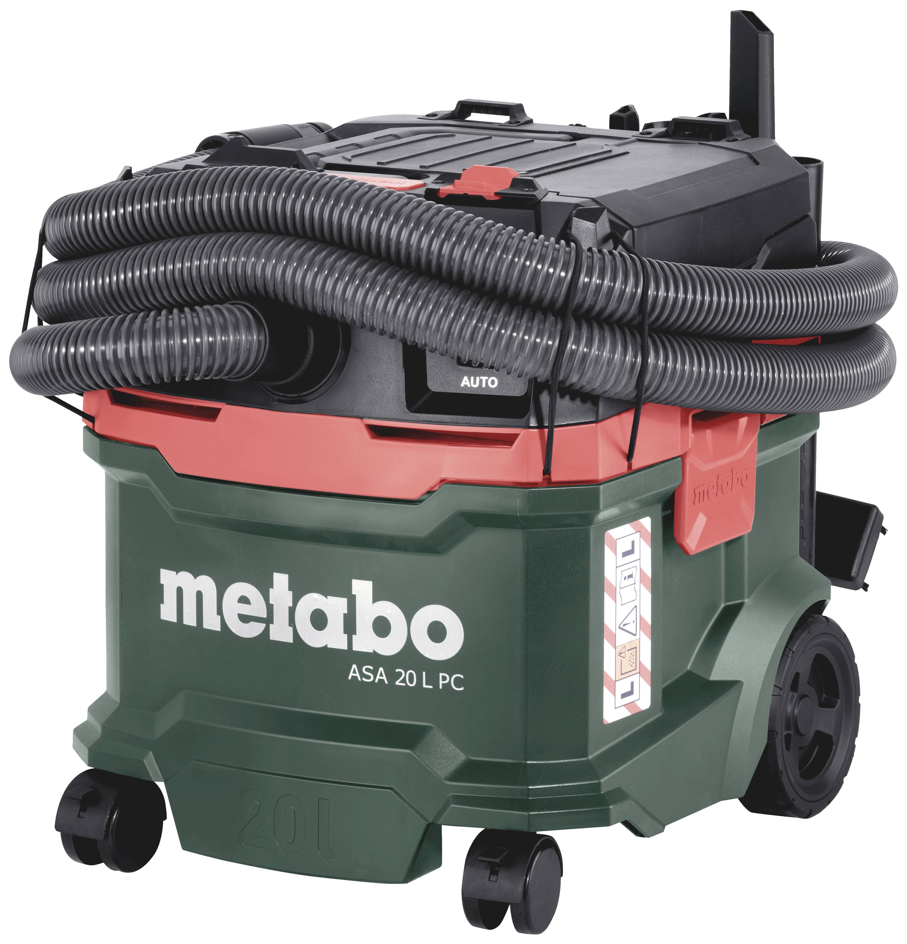 A green industrial vacuum cleaner with black and red accents, labelled 'metabo ASA 20 L PC', standing on wheels, with coiled hose.