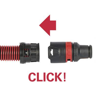 Black and red connector with red arrow and 'CLICK!' text shows how parts should be connected.