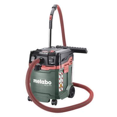 Industrial vacuum cleaner with a red suction hose and wheels, green main unit with 'metabo' logo.