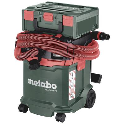An industrial vacuum cleaner in green with red accents. Has hoses for extraction. Inscription 'metabo ASA 30 M PC' on the front.