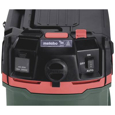 Vacuum cleaner lid with indicator lights and switches, including 'ON', 'OFF', and 'AUTO'. Display shows warning sign.