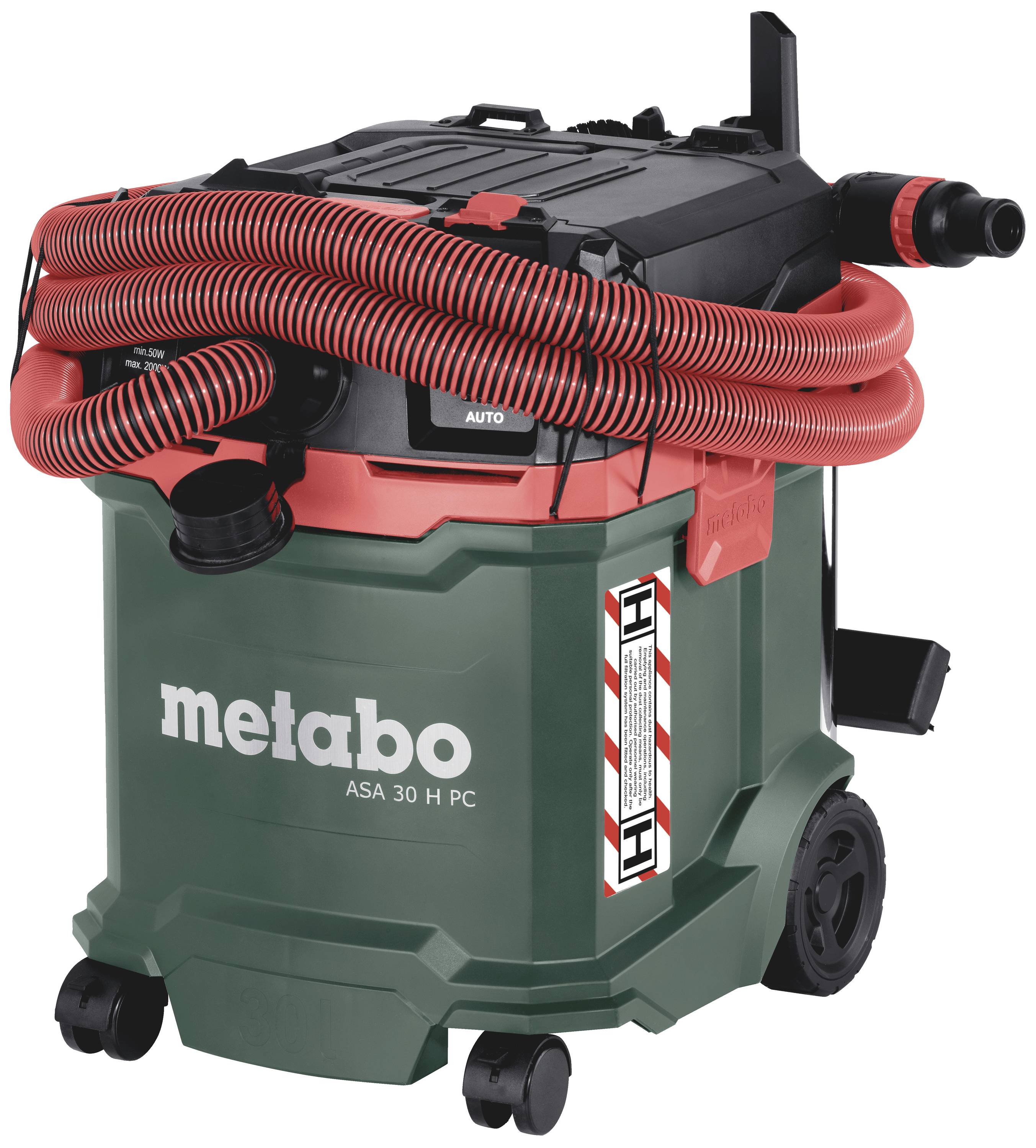 Industrial vacuum cleaner 'Metabo ASA 30 H PC' with red hoses and wheels for easy mobility. Suitable for commercial use.