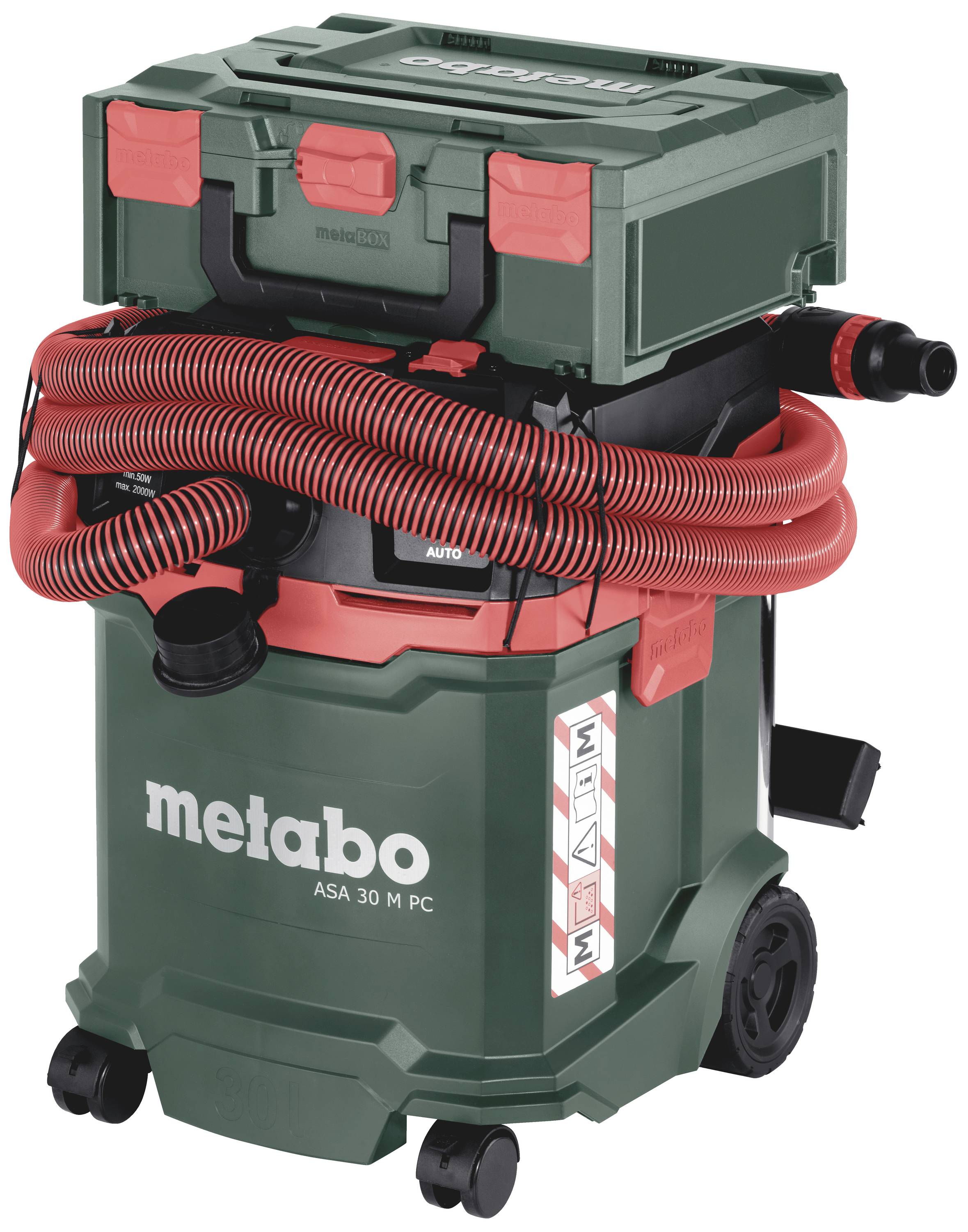 Metabo industrial vacuum cleaner in green with a red hose, model 'ASA 30 M PC', mounted on wheels for mobility, suitable for workshop environments.