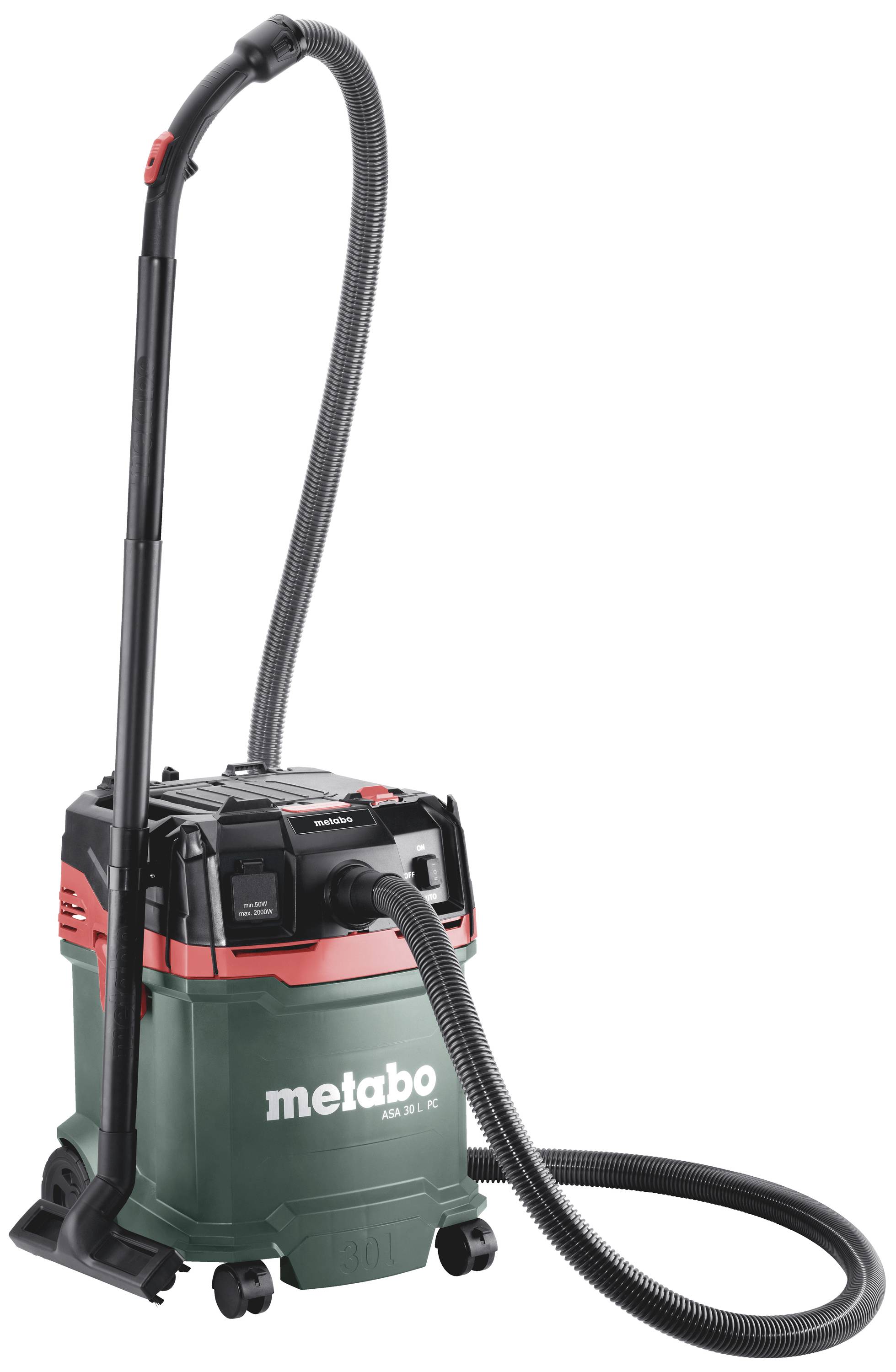 Industrial vacuum cleaners from Metabo with a robust hose and wheels, suitable for professional cleaning applications.